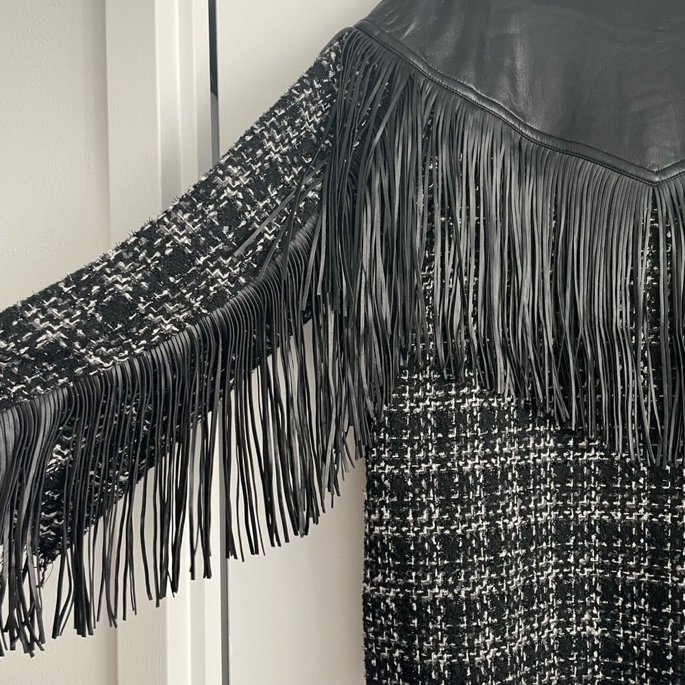Tweed Button Down Leather Fringe Jacket - image 3